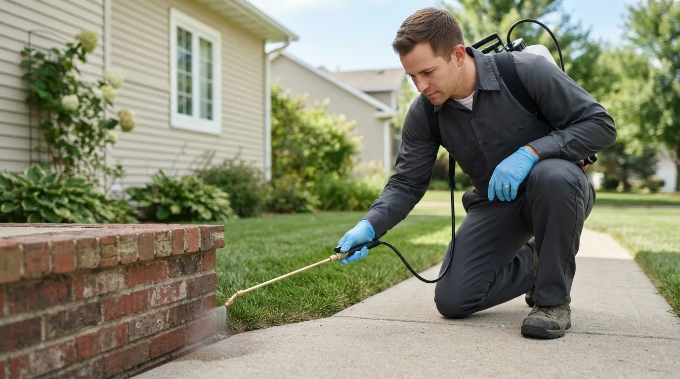 Pest control technician treating a home near Epping, NH